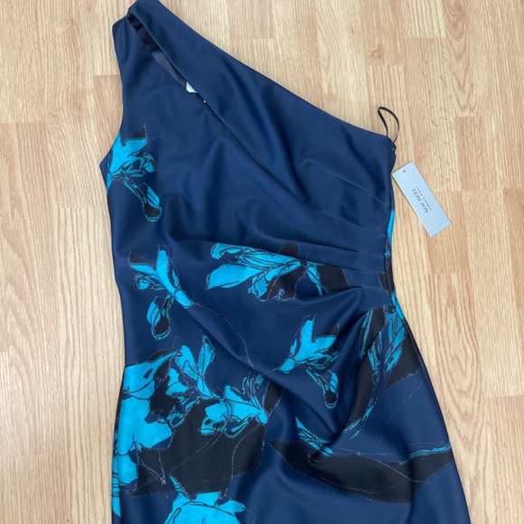 NWT Rickie Freeman Teri Jon One Shoulder Mid Navy and Teal Blue Fit Dress - Picture 3 of 7